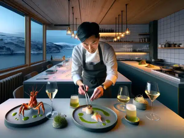 Chef plating nordic seafood in a norwegian fine dining restaurant at dusk