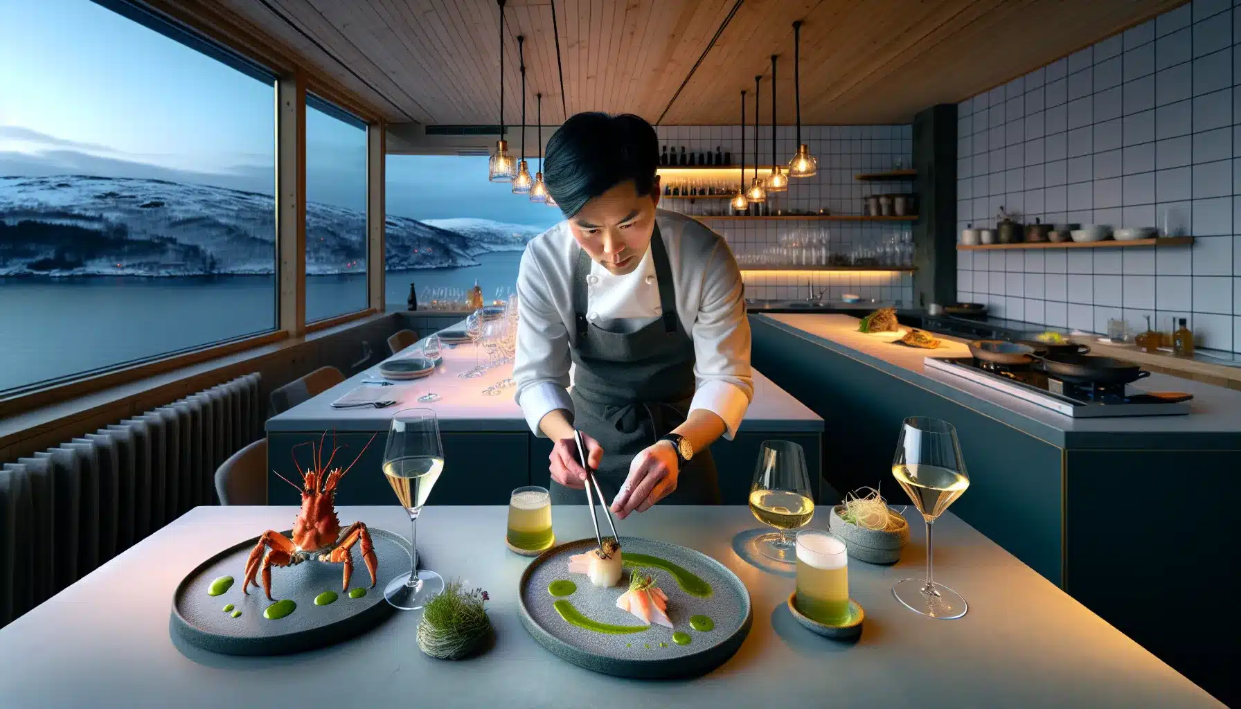Chef plating nordic seafood in a norwegian fine dining restaurant at dusk