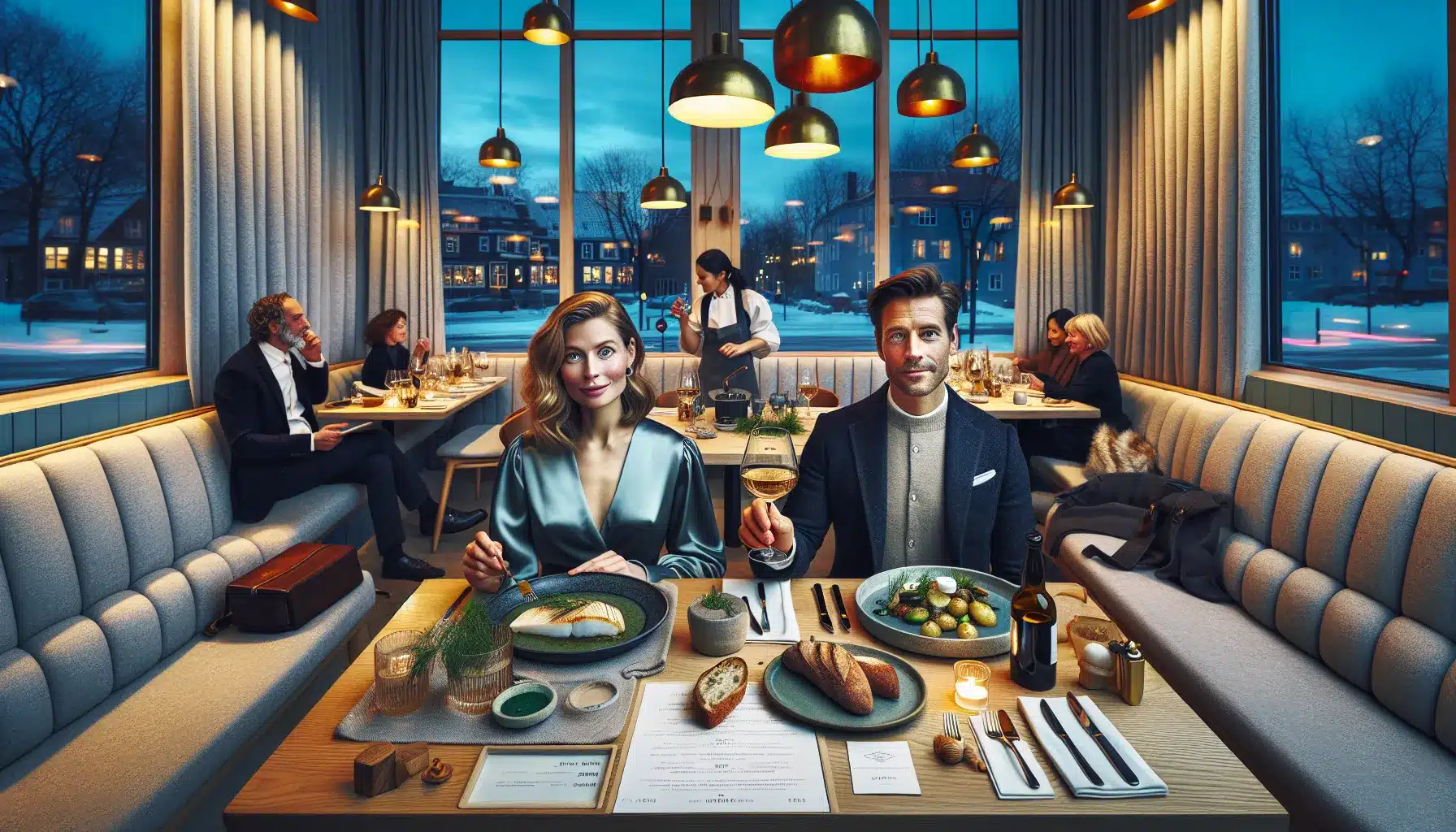 Couple toasting in a norwegian restaurant set for a special occasion