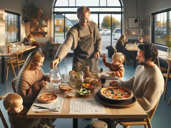 Cozy norwegian restaurant with family dining kids play corner and stroller space