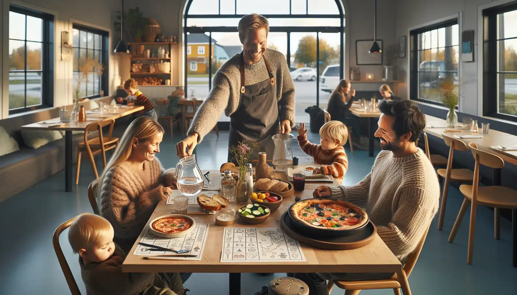 Cozy norwegian restaurant with family dining kids play corner and stroller space