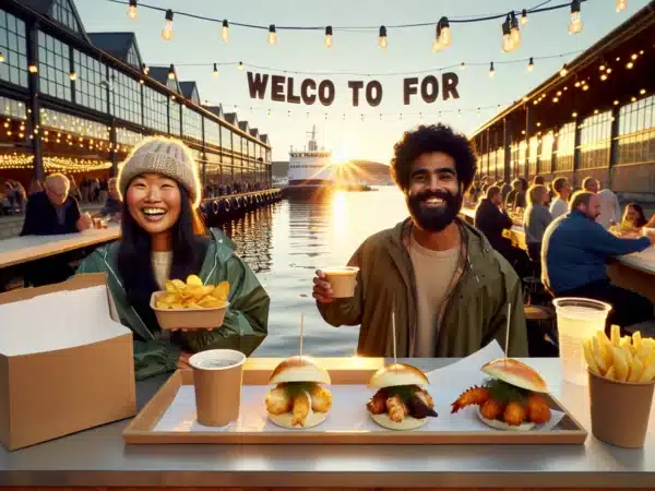 Crowds enjoy norwegian street food by the oslofjord at golden hour