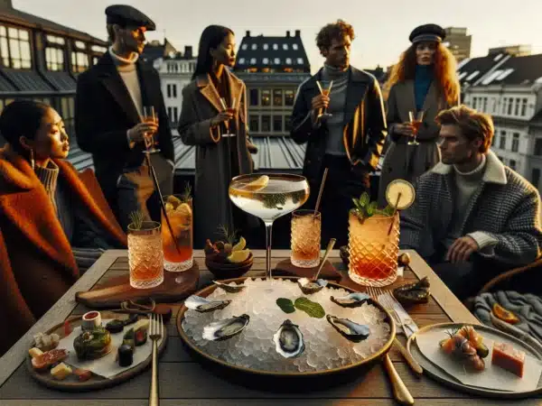 Friends enjoy cocktails and small plates on an oslo rooftop at sunset