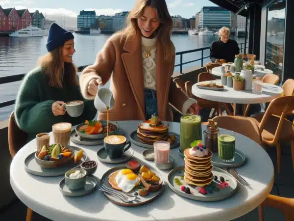 Friends enjoy fjord view brunch near oslo opera house with mixed dishes
