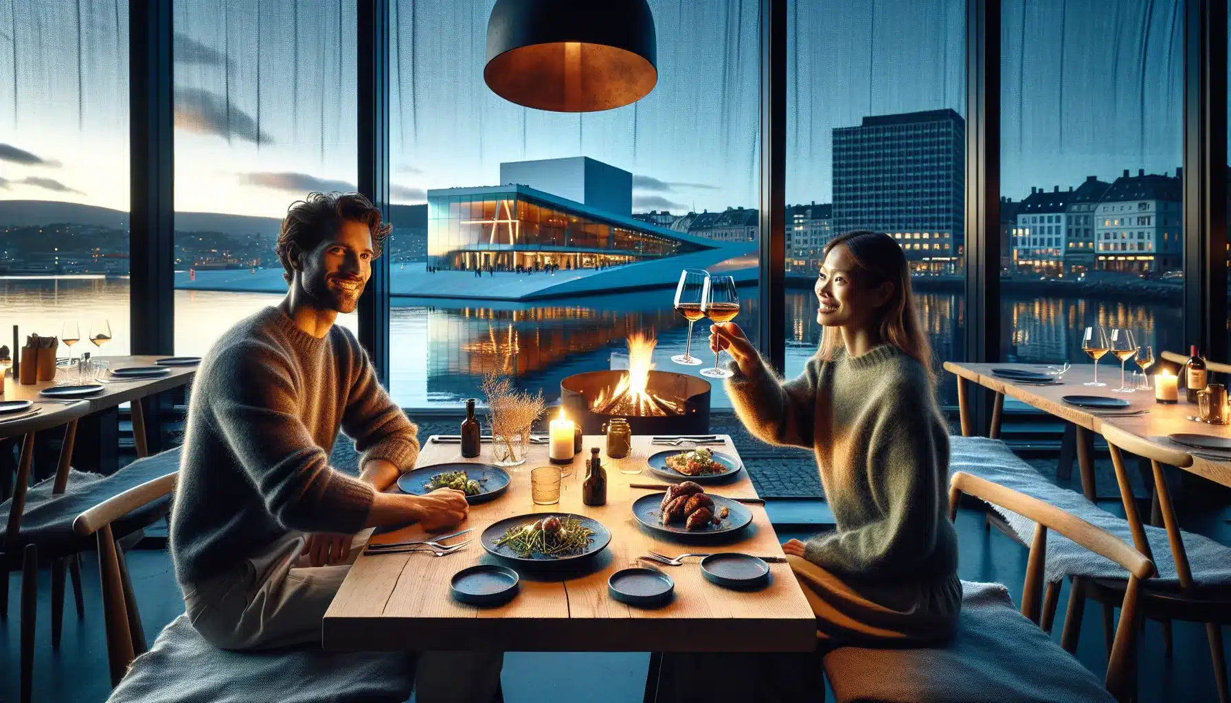 Friends toast natural wine over seasonal norwegian dishes with oslo skyline
