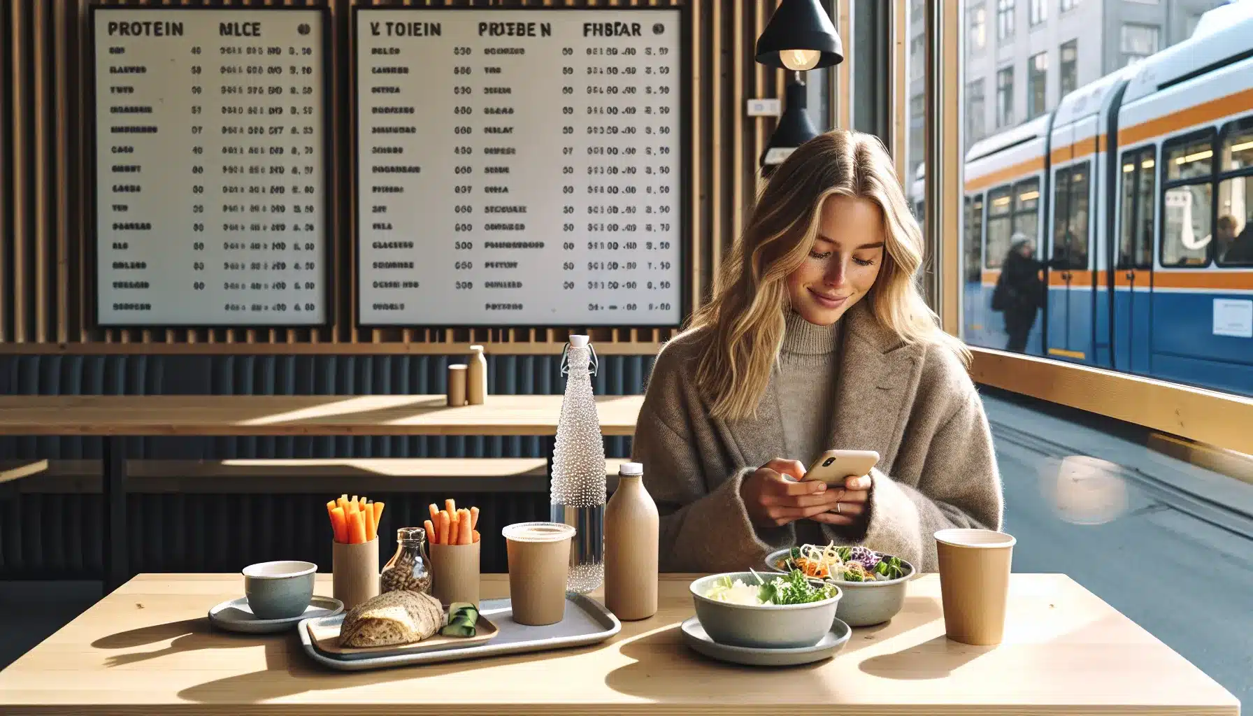 Healthy fast food lunch with grilled chicken bowl whole grain wrap and water