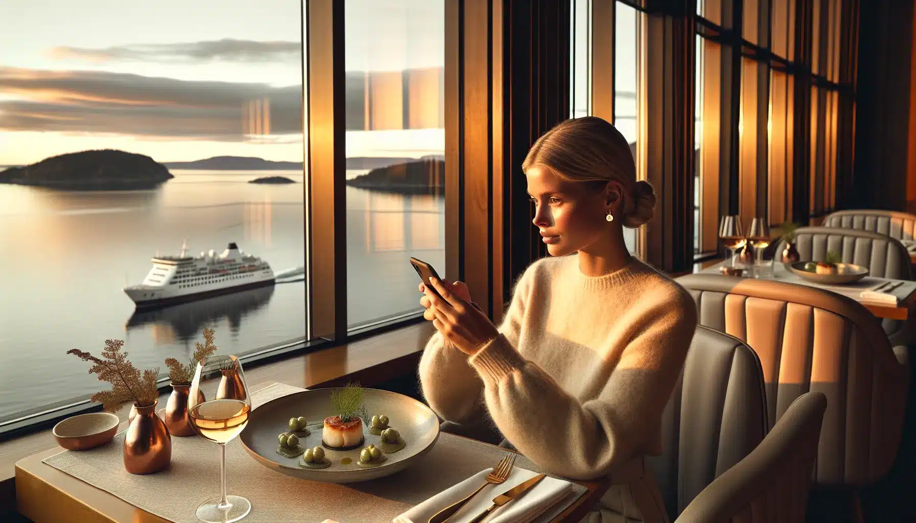 Nordic restaurant table with plated seafood and fjord view at sunset