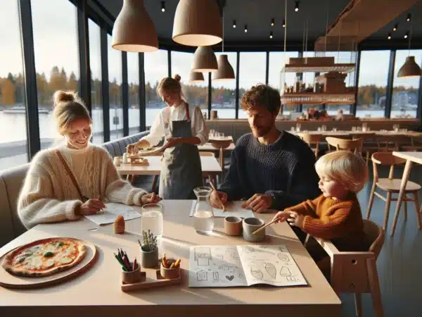 Norwegian family dining with children in a calm kid friendly restaurant