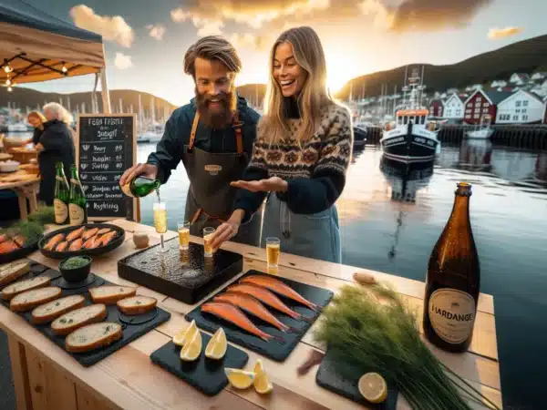 Norwegian waterfront food festival with tastings chefs and families at sunset