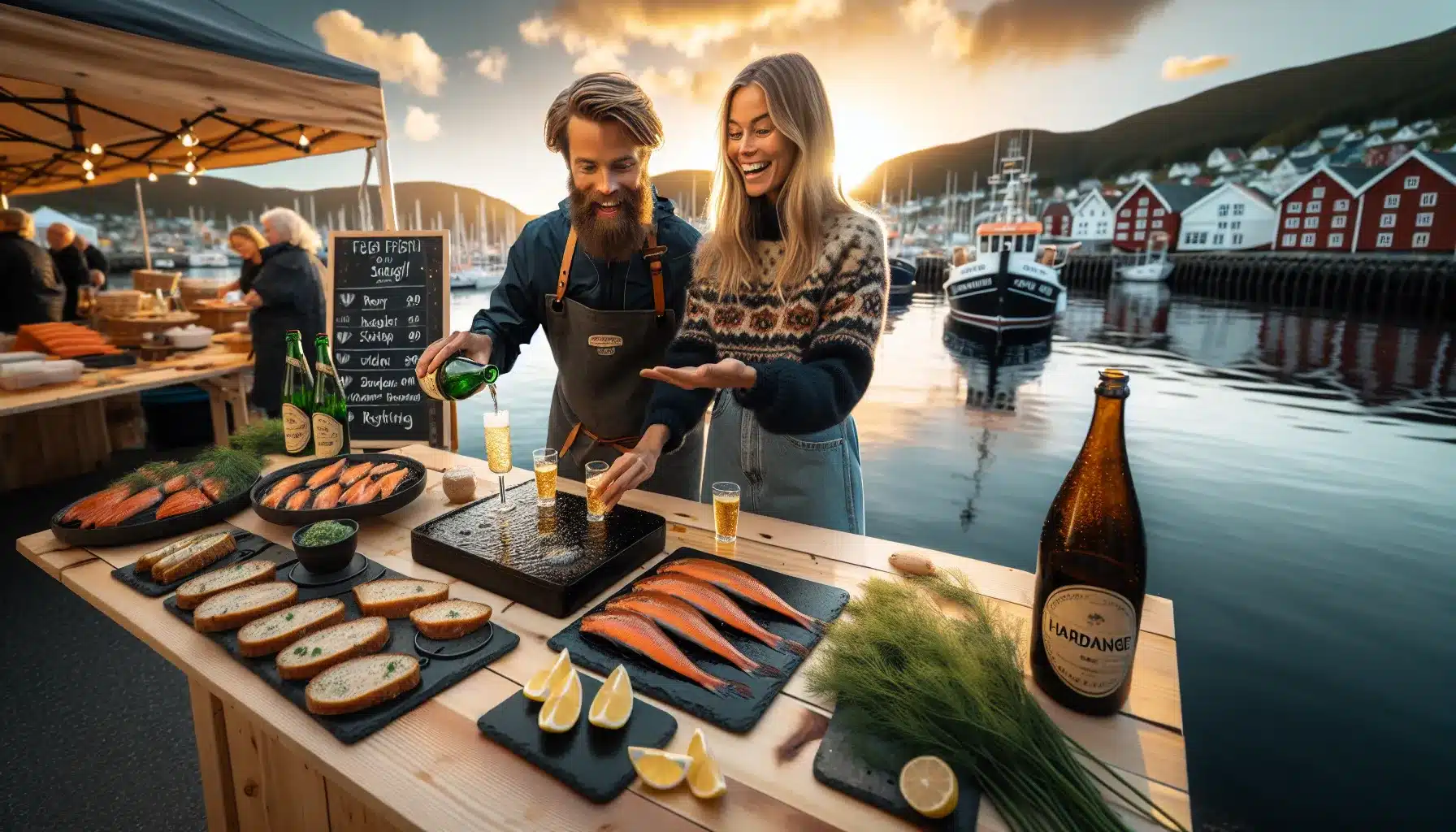 Norwegian waterfront food festival with tastings chefs and families at sunset