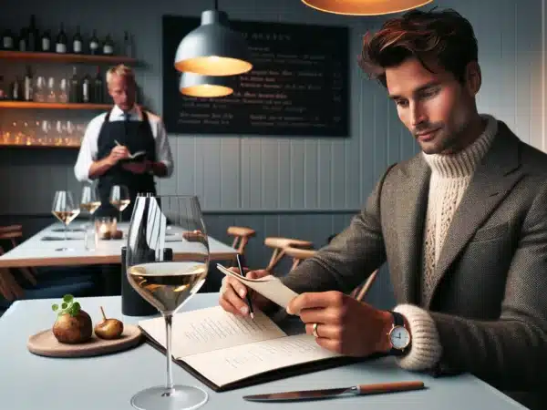 Person in a nordic restaurant studying a norwegian menu with wine at dusk