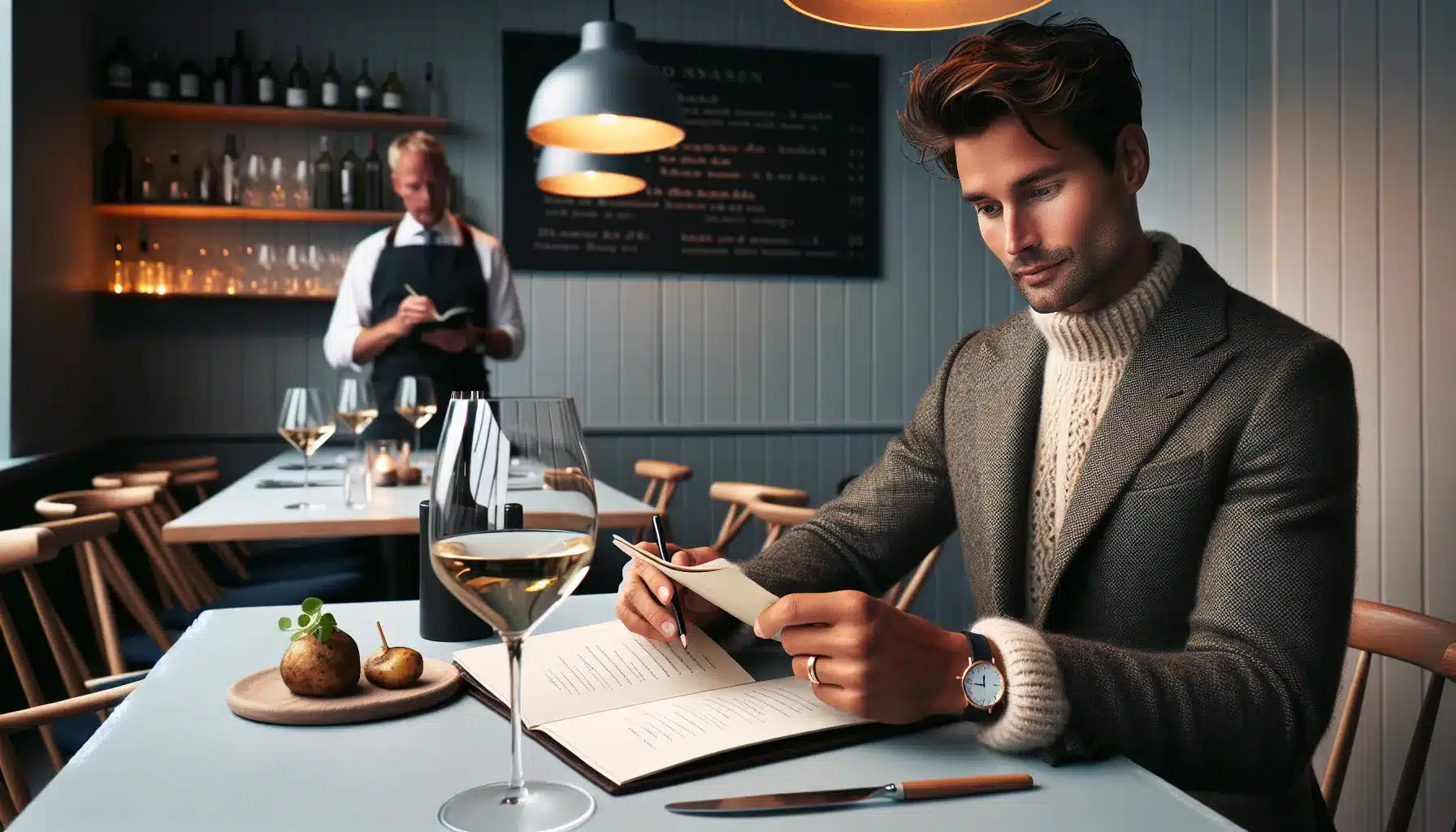 Person in a nordic restaurant studying a norwegian menu with wine at dusk