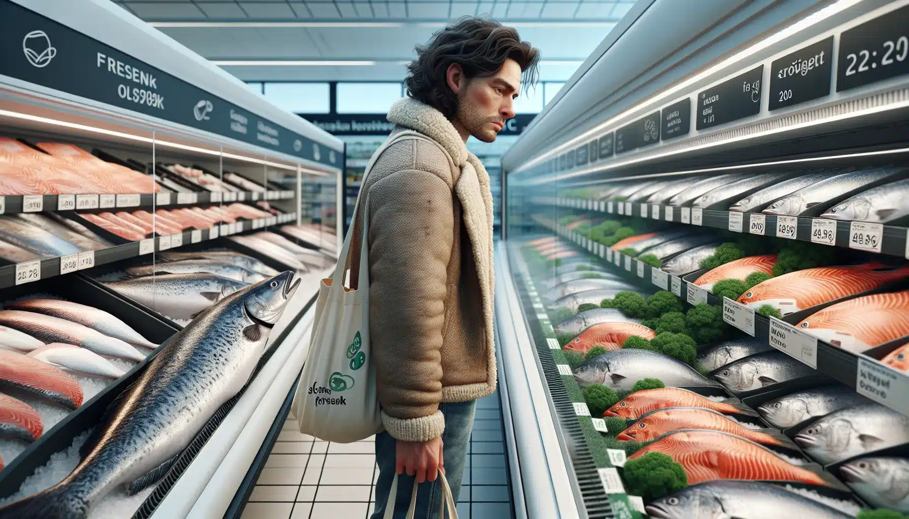 Shopper compares fresh fish on ice with frozen fillets in a norwegian store