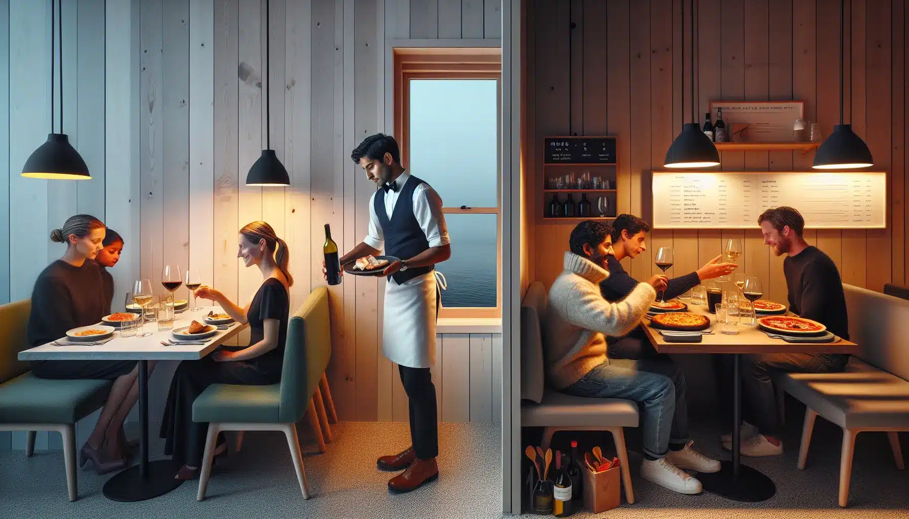 Side by side norwegian fine dining and casual dining scenes at evening