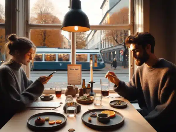 Two friends enjoy early bird dining with tap water in a norwegian bistro